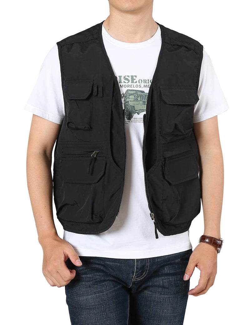 Flygo Men's Utility Cargo Vest Outdoor Summer Work Photo Fishing Safari Travel Vest with Pockets(01Black-M) - Image 1